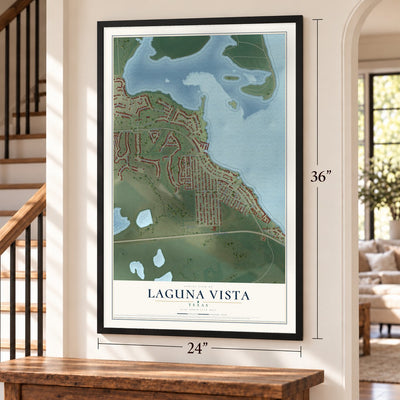 Laguna Vista, Texas map, 24 x 36 inch print in a black frame by a staircase