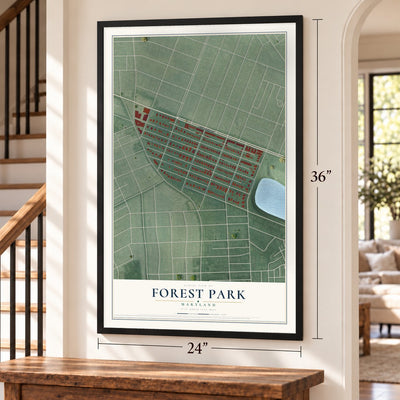 Forest Park, Maryland map, 24 x 36 inch print in a black frame by a staircase