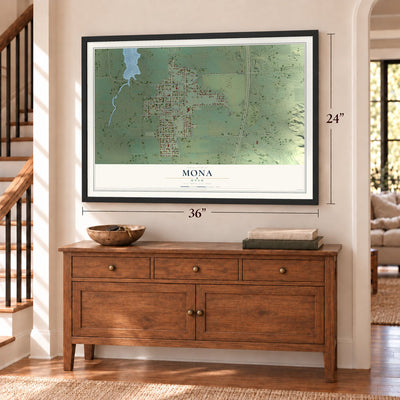 Mona, Utah map, 24 x 36 inch print in a black frame above a dresser by a staircase