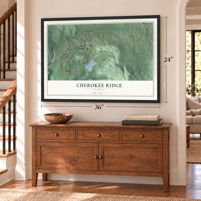 Cherokee Ridge, Alabama map, 24 x 36 inch print in a black frame above a dresser by a staircase