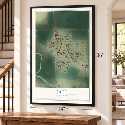 Saco, Montana map, 24 x 36 inch print in a black frame by a staircase
