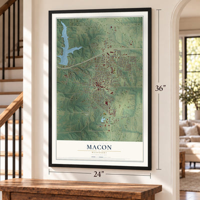 Macon, Missouri map, 24 x 36 inch print in a black frame by a staircase