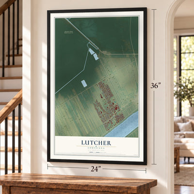 Lutcher, Louisiana map, 24 x 36 inch print in a black frame by a staircase