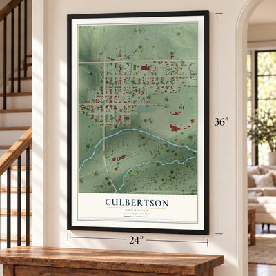 Culbertson, Nebraska map, 24 x 36 inch print in a black frame by a staircase