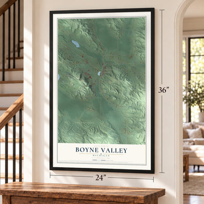 Boyne Valley, Michigan map, 24 x 36 inch print in a black frame by a staircase