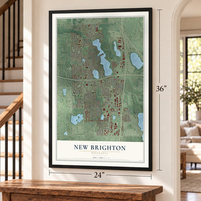 New Brighton, Minnesota map, 24 x 36 inch print in a black frame by a staircase