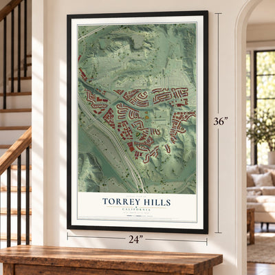 Torrey Hills, California map, 24 x 36 inch print in a black frame by a staircase