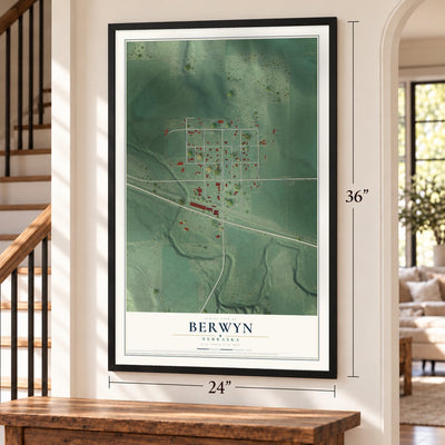 Berwyn, Nebraska map, 24 x 36 inch print in a black frame by a staircase