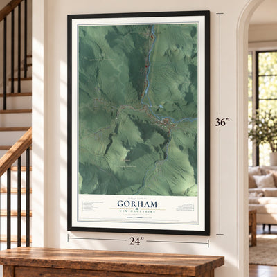 Gorham, New Hampshire map, 24 x 36 inch print in a black frame by a staircase