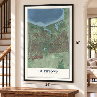Smithtown, New York map, 24 x 36 inch print in a black frame by a staircase