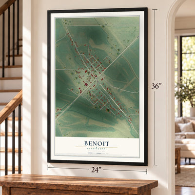 Benoit, Mississippi map, 24 x 36 inch print in a black frame by a staircase