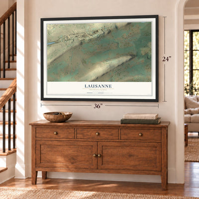 Lausanne, Pennsylvania map, 24 x 36 inch print in a black frame above a dresser by a staircase