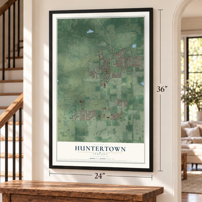 Huntertown, Indiana map, 24 x 36 inch print in a black frame by a staircase