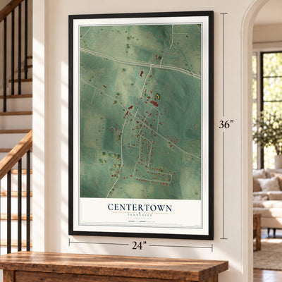 Centertown, Tennessee map, 24 x 36 inch print in a black frame by a staircase