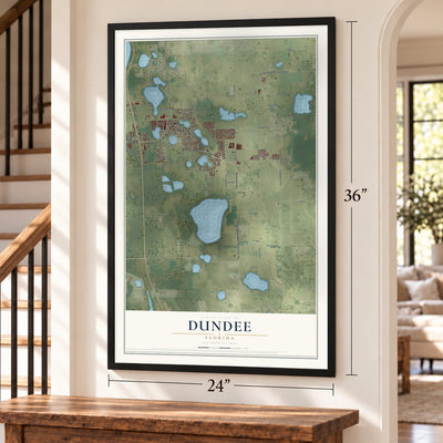 Dundee, Florida map, 24 x 36 inch print in a black frame by a staircase