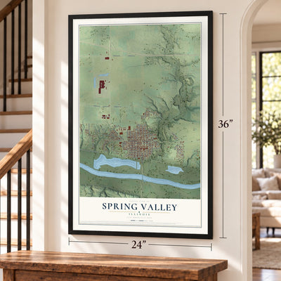 Spring Valley, Illinois map, 24 x 36 inch print in a black frame by a staircase