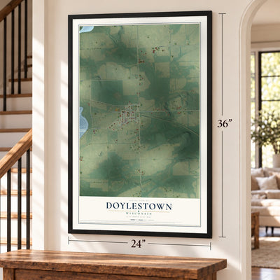 Doylestown, Wisconsin map, 24 x 36 inch print in a black frame by a staircase