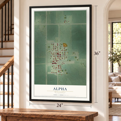 Alpha, Minnesota map, 24 x 36 inch print in a black frame by a staircase