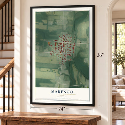 Marengo, Ohio map, 24 x 36 inch print in a black frame by a staircase