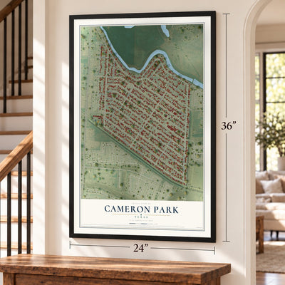 Cameron Park, Texas map, 24 x 36 inch print in a black frame by a staircase