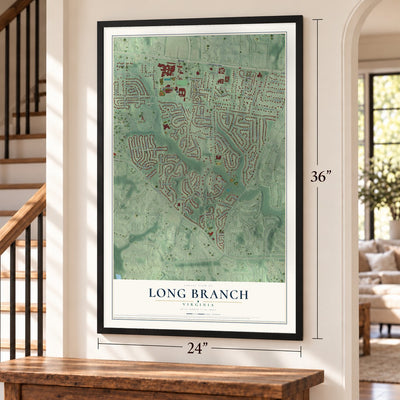 Long Branch, Virginia map, 24 x 36 inch print in a black frame by a staircase
