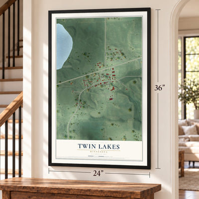 Twin Lakes, Minnesota map, 24 x 36 inch print in a black frame by a staircase