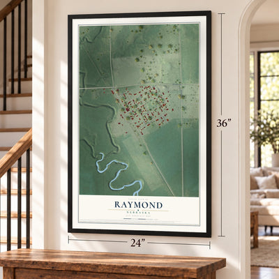 Raymond, Nebraska map, 24 x 36 inch print in a black frame by a staircase