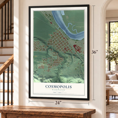 Cosmopolis, Washington map, 24 x 36 inch print in a black frame by a staircase