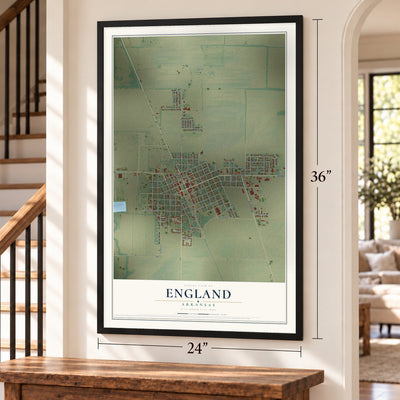 England, Arkansas map, 24 x 36 inch print in a black frame by a staircase