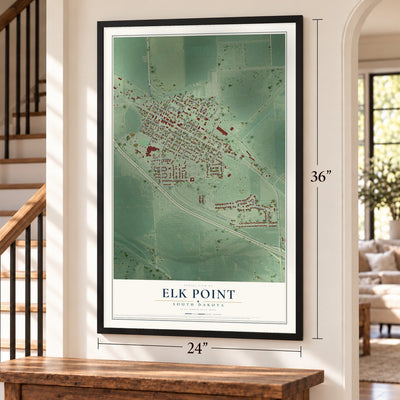 Elk Point, South Dakota map, 24 x 36 inch print in a black frame by a staircase