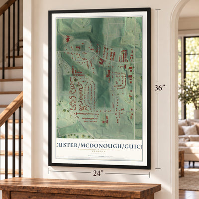 Custer-McDonough-Guice, Georgia map, 24 x 36 inch print in a black frame by a staircase