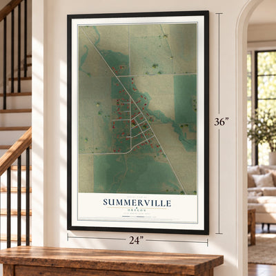 Summerville, Oregon map, 24 x 36 inch print in a black frame by a staircase