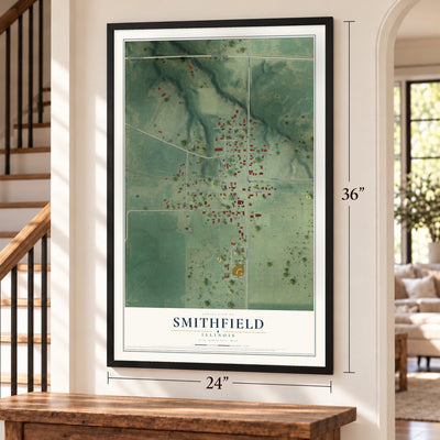 Smithfield, Illinois map, 24 x 36 inch print in a black frame by a staircase