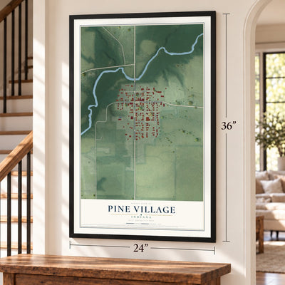 Pine Village, Indiana map, 24 x 36 inch print in a black frame by a staircase
