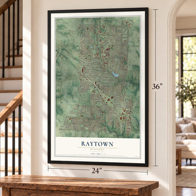 Raytown, Missouri map, 24 x 36 inch print in a black frame by a staircase