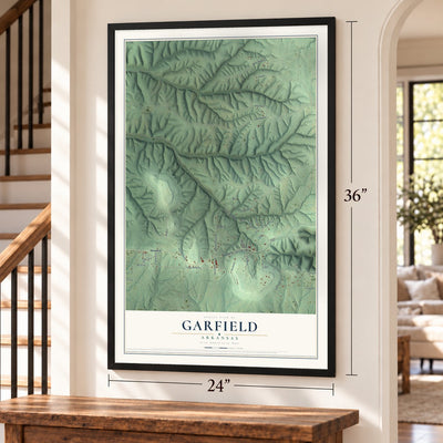 Garfield, Arkansas map, 24 x 36 inch print in a black frame by a staircase