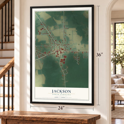 Jackson, North Carolina map, 24 x 36 inch print in a black frame by a staircase