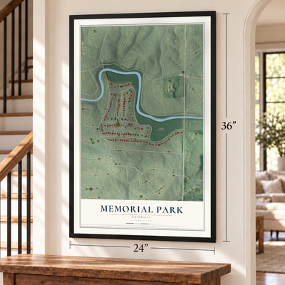 Memorial Park, Georgia map, 24 x 36 inch print in a black frame by a staircase