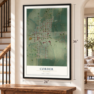 Corder, Missouri map, 24 x 36 inch print in a black frame by a staircase