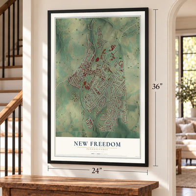 New Freedom, Pennsylvania map, 24 x 36 inch print in a black frame by a staircase