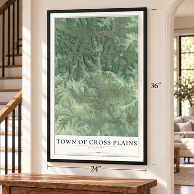 Town of Cross Plains, Wisconsin map, 24 x 36 inch print in a black frame by a staircase