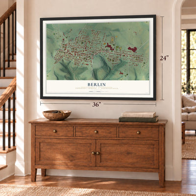 Berlin, Somerset County, Pennsylvania map, 24 x 36 inch print in a black frame above a dresser by a staircase