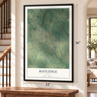 Rutledge, Georgia map, 24 x 36 inch print in a black frame by a staircase