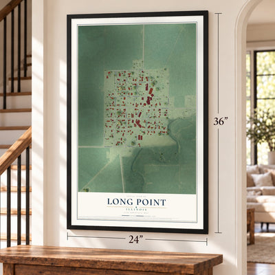Long Point, Illinois map, 24 x 36 inch print in a black frame by a staircase