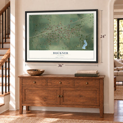 Buckner, Illinois map, 24 x 36 inch print in a black frame above a dresser by a staircase