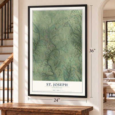 St. Joseph, Tennessee map, 24 x 36 inch print in a black frame by a staircase
