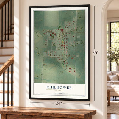 Chilhowee, Missouri map, 24 x 36 inch print in a black frame by a staircase