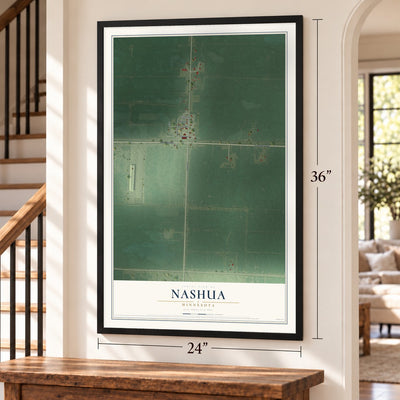 Nashua, Minnesota map, 24 x 36 inch print in a black frame by a staircase
