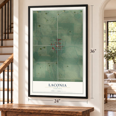Laconia, Indiana map, 24 x 36 inch print in a black frame by a staircase