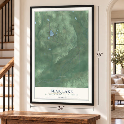 Bear Lake, Kalkaska County, Michigan map, 24 x 36 inch print in a black frame by a staircase